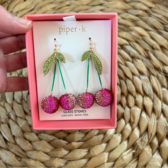 NIB Cherry Crystal Encrusted Earrings - Picture 2 of 5